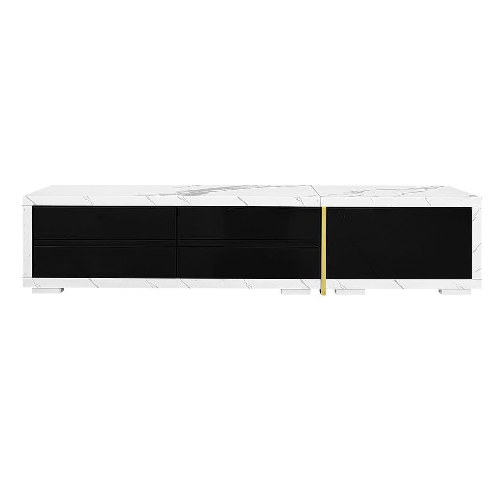 Modern TV Cabinet with Variable Length (140-260 cm), Rotating Function, White Marble Look, Black High-Gloss Matte Finish and Gold Ornaments