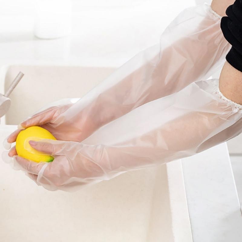 10 buc/sac Mănuși lungi din plastic de unică folosință, de calitate alimentară, cu manșete elastice, mănuși de protecție a brațului de uz casnic pentru bucătărie