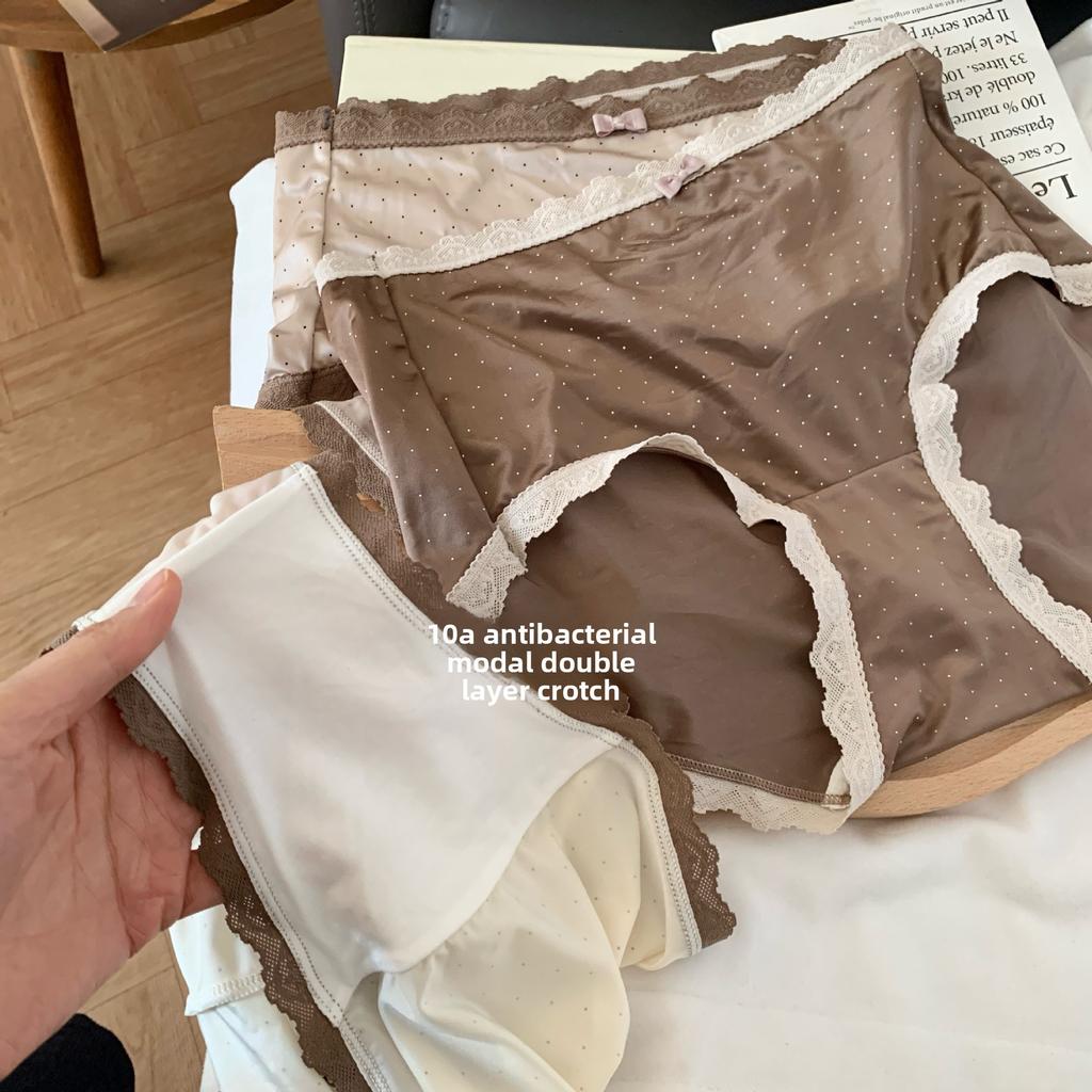Female Spring and Summer Retro Polka Dot Ice Silk Lace Edge 10A Antibacterial Briefs
