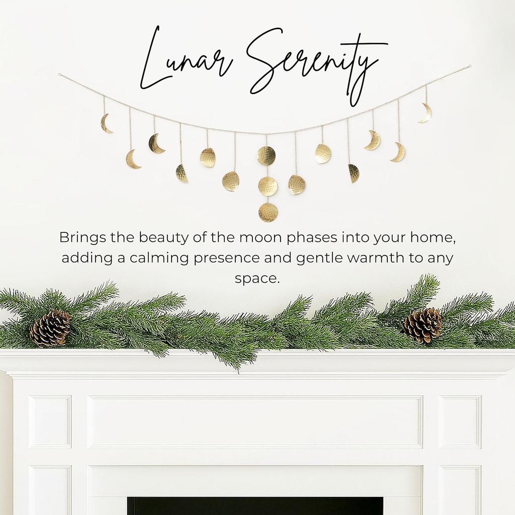 Moon & Crafts Boho Moon Phase Wall Hanging 50” Gold Brass Garland, 15 Handmade Hammered Moons, Celestial Wall Decor for Bedroom, Living Room &