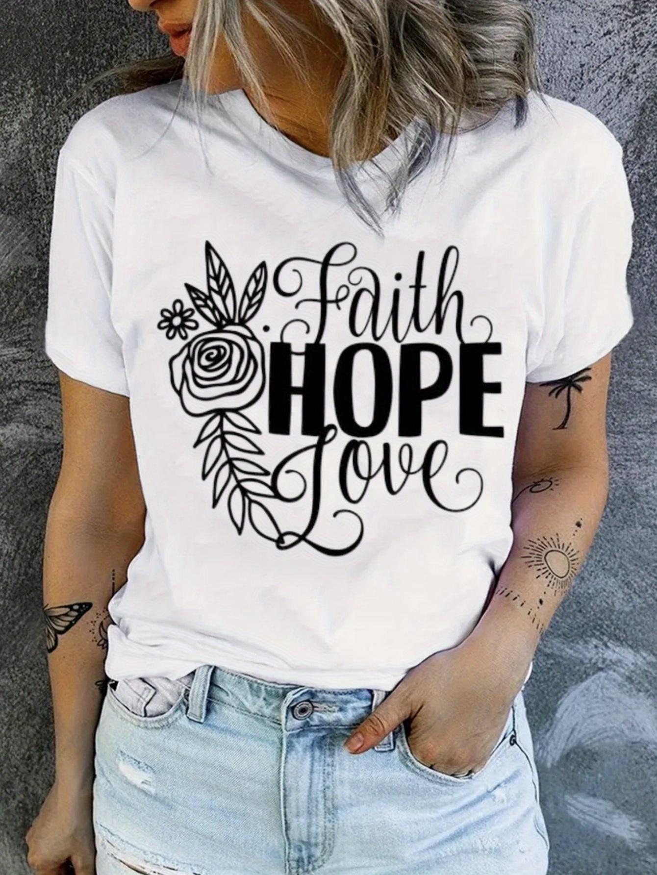 

Faith Hope Love Women s Inspirational Graphic T-Shirt - Soft & Comfortable Casual Short Sleeve Crew Neck Top with Floral Design, S белый