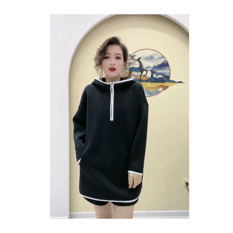 

Japan Small Amount of Original Order! Harajuku Women Hooded Dress Style Mid-Length Hemming Front Zipper Hoodie Autumn and Winter Laminated Outerwear Black Attention to large orders