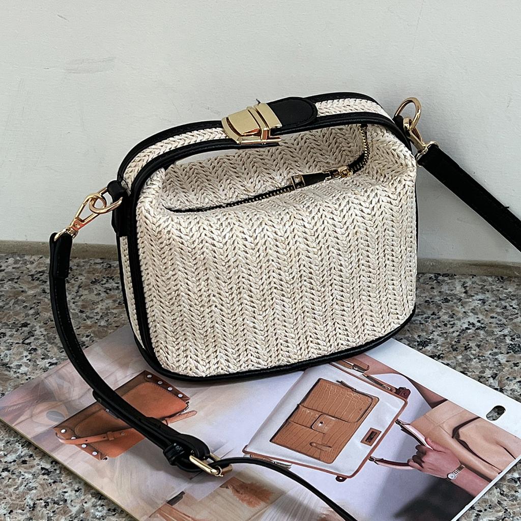 Versatile Straw Woven Crossbody Bags Casual Bucket Shoulder Bags Fashion Contrast Color Handbags Vacation Beach Bags for Women