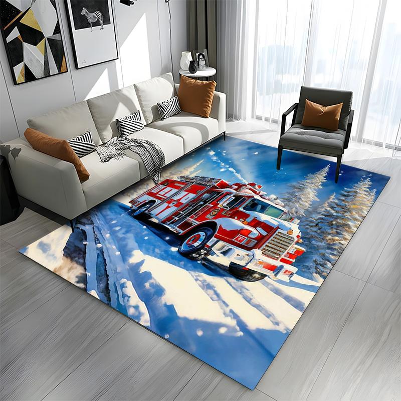 Fire Truck in Snowy Winter Forest Patterned carpet a non slip rug suitable for all seasons and any setting, gift