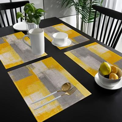 4 ks Abstraktní geometrické žluté a šedé prostírání | Obdélníkové lněné stolní podložky 12x18 palců, Pratelné v pračce | pro jídelnu, domov, kuchyň, banket, kavárnu