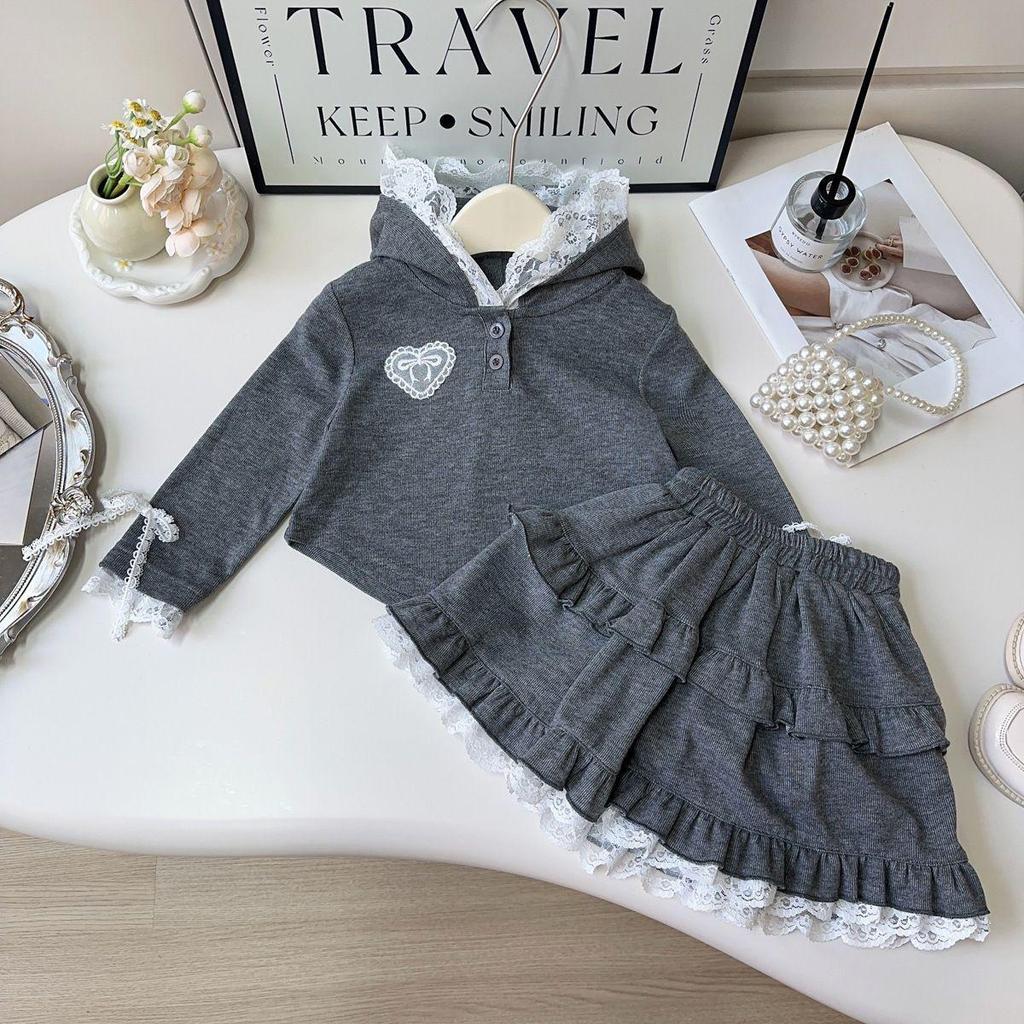 Spring Girls' Lace Hooded Sweatshirt & Skirt Set