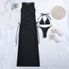 3 Pcs/Set Women Bikini Cover Up Set Three-point Lace Up Padded See-through Mesh Long Dress Swimming Sleeveless Sunscreen Beach Dress Bikini Set Water