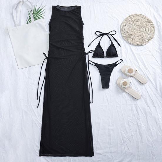 3 Pcs/Set Women Bikini Cover Up Set Three-point Lace Up Padded See-through Mesh Long Dress Swimming Sleeveless Sunscreen Beach Dress Bikini Set Water