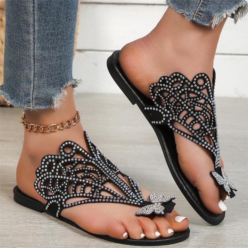 Large Size Butterfly Rhinestone Herringbone Slippers for Women's Casual Hollow Roman Fish Mouth Slippers