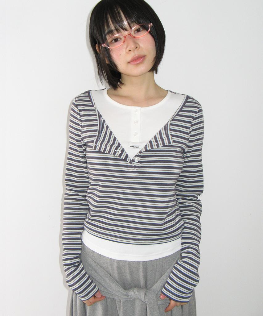 RONRON Layered Henryneck Long Sleeve Charcoal Stripe