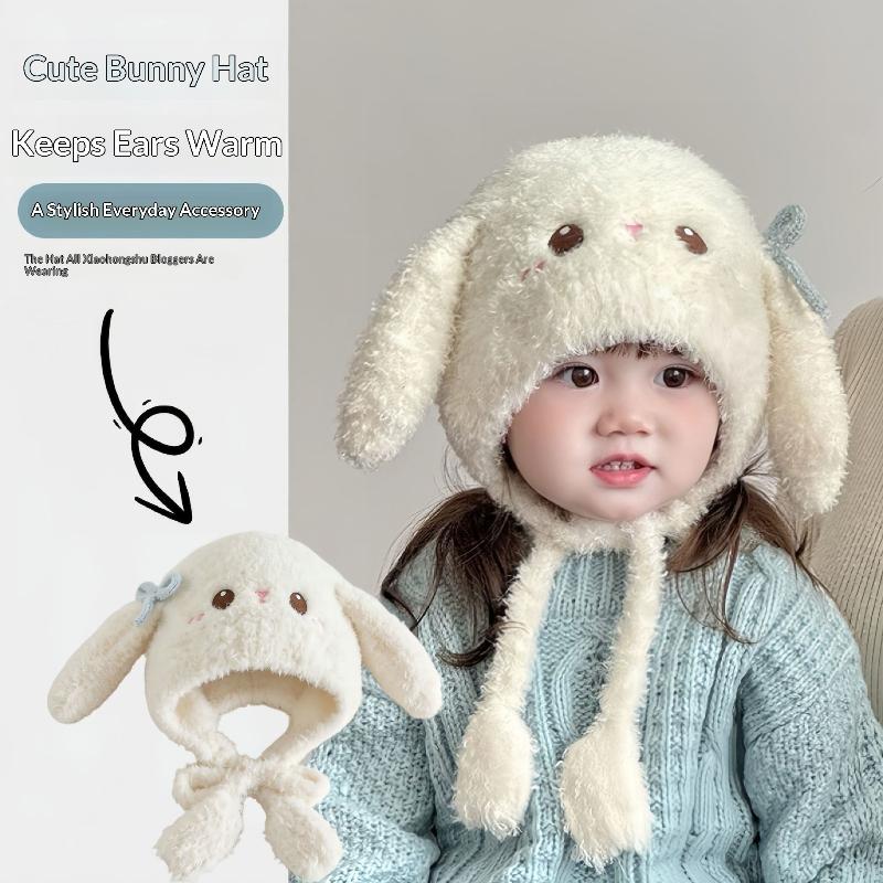 Warm Fleece Rabbit Ear Knitted Hat For Children Autumn Winter Unisex Baby Cute Little Girl Princess Style Windproof Ear Protetio
