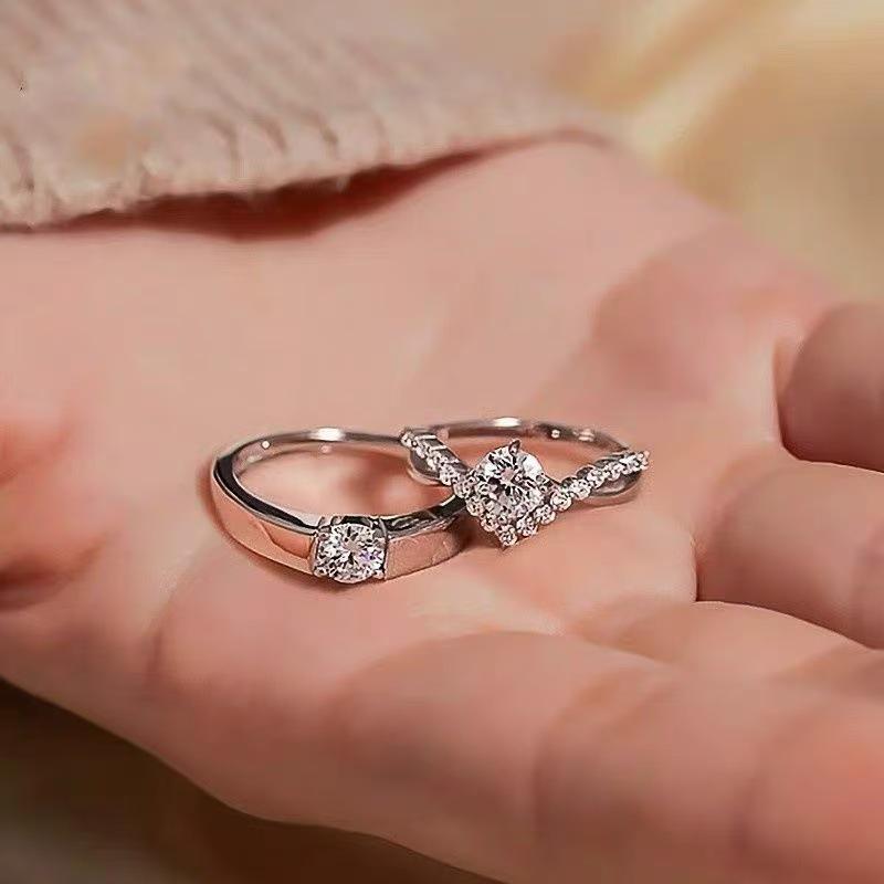 Platinum Gold-Plated Sterling Silver Rings with Diamond Inlay, Classic Four-Claw Crown Design, Matching Couple Style