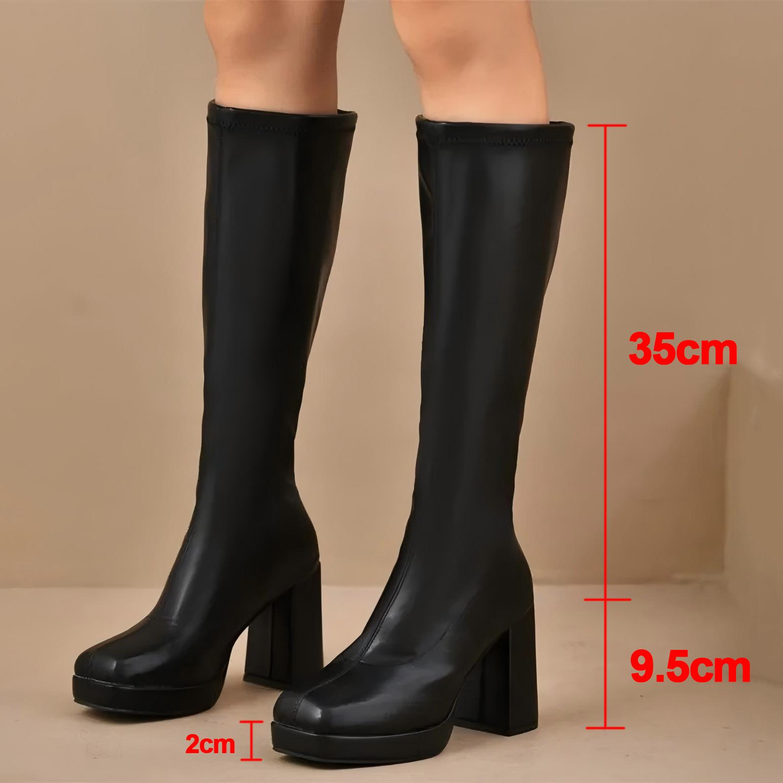 

Chunky Platform Black Pu Leather Boots Woman Knee High Plus Size 42 High Heels Long Boots Women Autumn Winter Botas Shoes 42