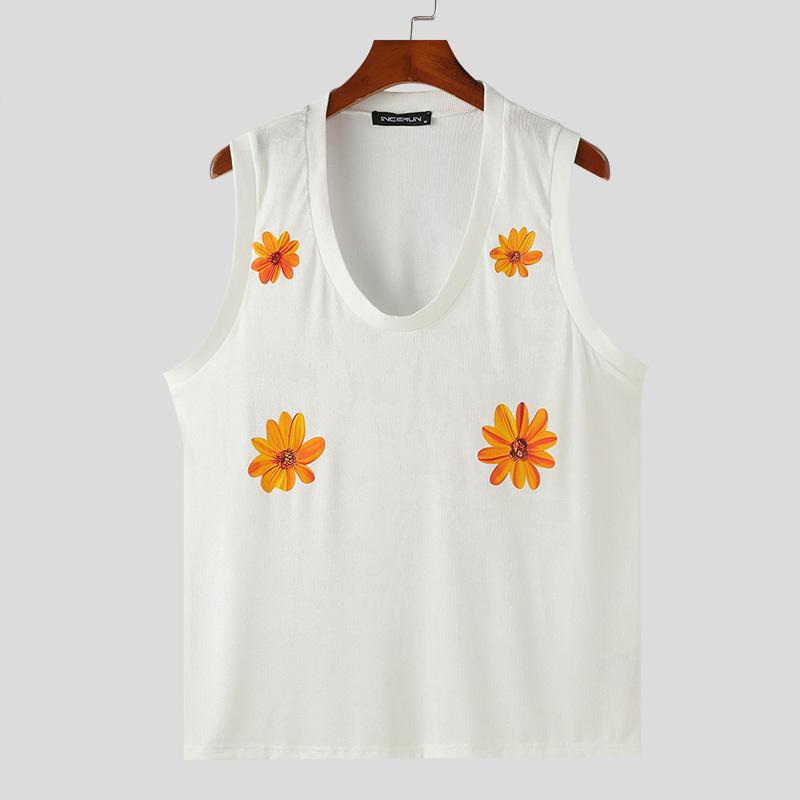 

INCERUN Мужские летние безрукавки с цветочным принтом, трикотажные майки, повседневный свободный жилет 3XL белый
