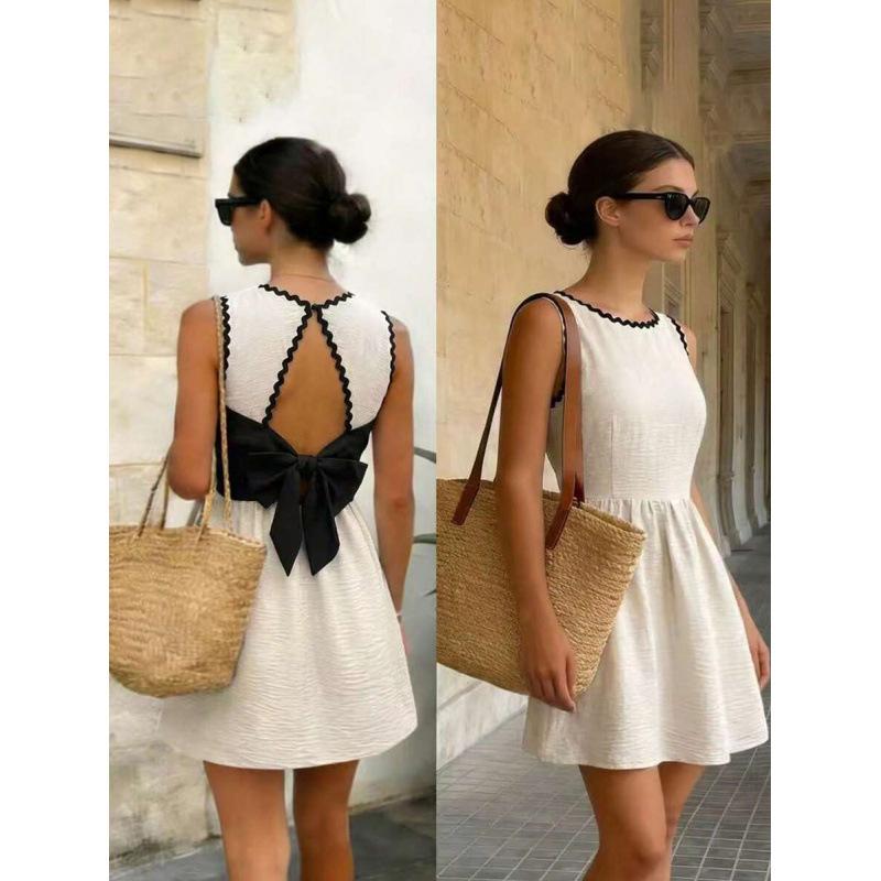 European New Summer Apricot Black Wave Webbing Waist Sleeveless Round Neck Short Dress