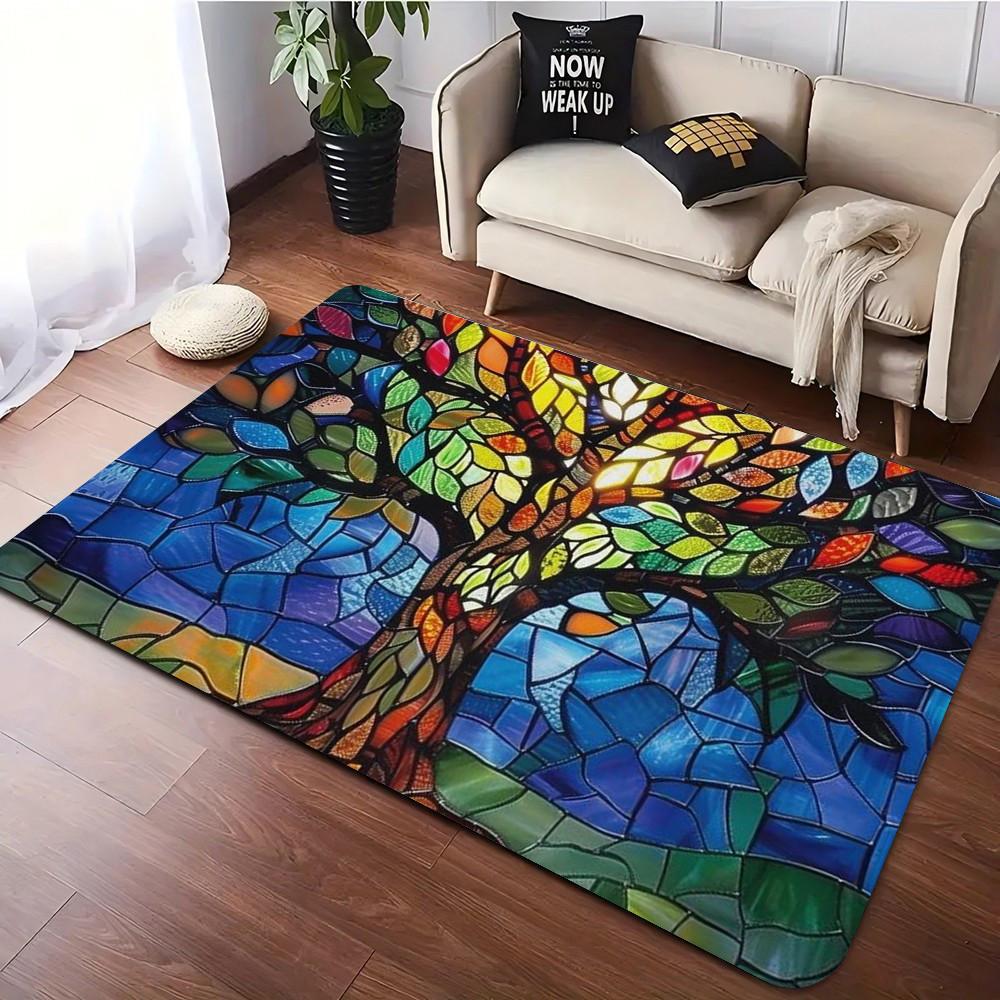 

Elegant Tree of Life Doormat Glass Stained Window 2D Printed Living Room Entrance Carpet Indoor Decorative Carpet 40cm x 60cm
