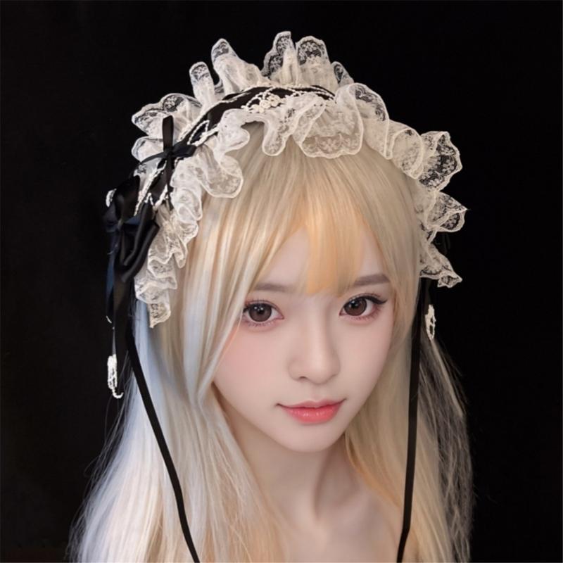 Rüschen-Spitzen-Kopfschmuck Stirnband Anime-Maid Cosplay Stirnband Lolitas Spitze Schleifen Kopfbedeckung Haaraccessoires Spitze Haarbänder