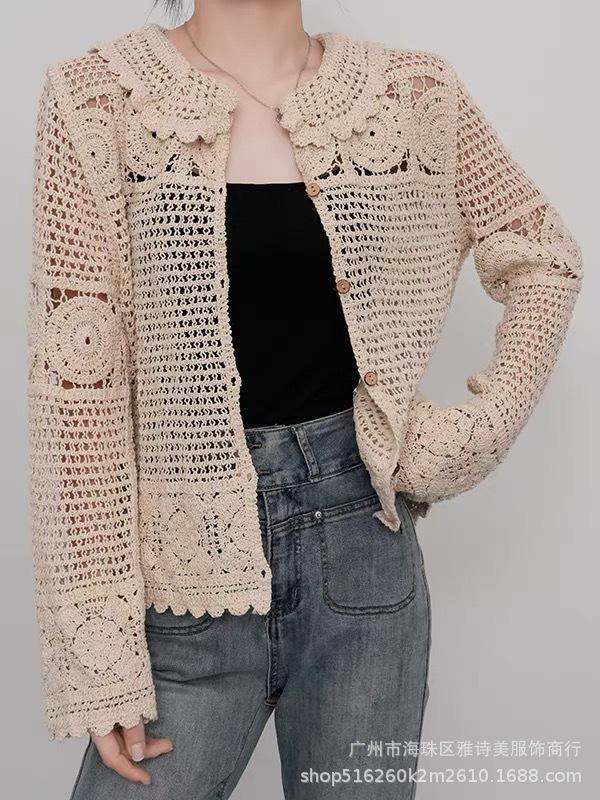 Fashion loose and thin hollow crochet knitted sweater women's new foreign style unique chic cardigan long-sleeved top