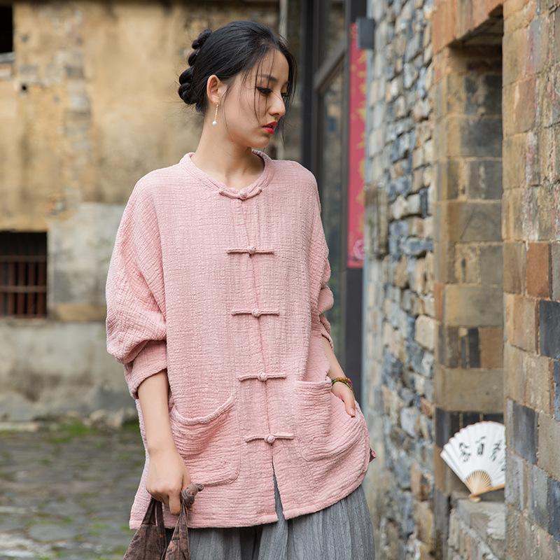 

Johnature Women Vintage Shirts Tops O-Neck Bat Sleeve Blouses Patchwork Pockets Loose Button Shirts One Size