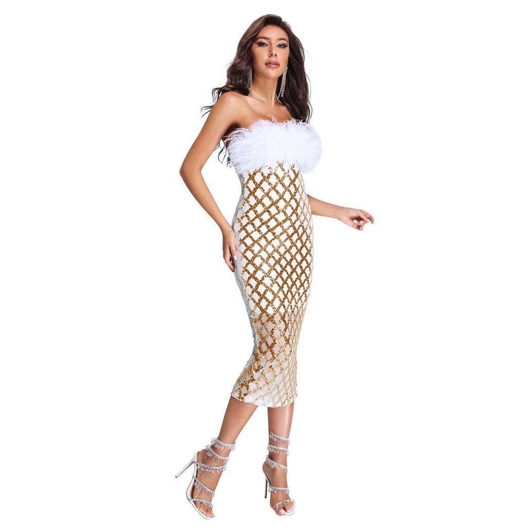 Europe America Fashion Women's Sexy Strapless Sequin Feather Bandage Dress