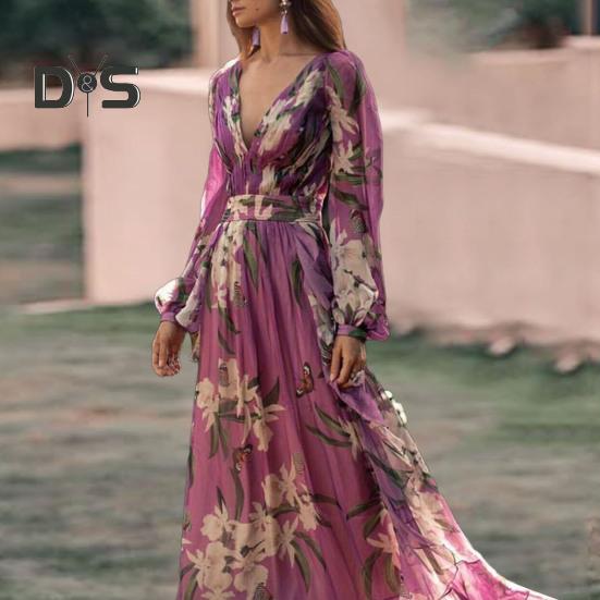 Maxikleid für Damen, tiefer Schnitt, tiefer V-Ausschnitt, enge Passform, hohe Taille, Blumendruck, Laternenärmel, großer Saum, weiches Vintage-Kleid für Herbst und Frühling