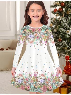 Girls' Autumn and Winter Fashion Dress, 3D Flower Print  Round Neck Long Children's T-shirt Dress, Casual Versatile, Christmas Clothing