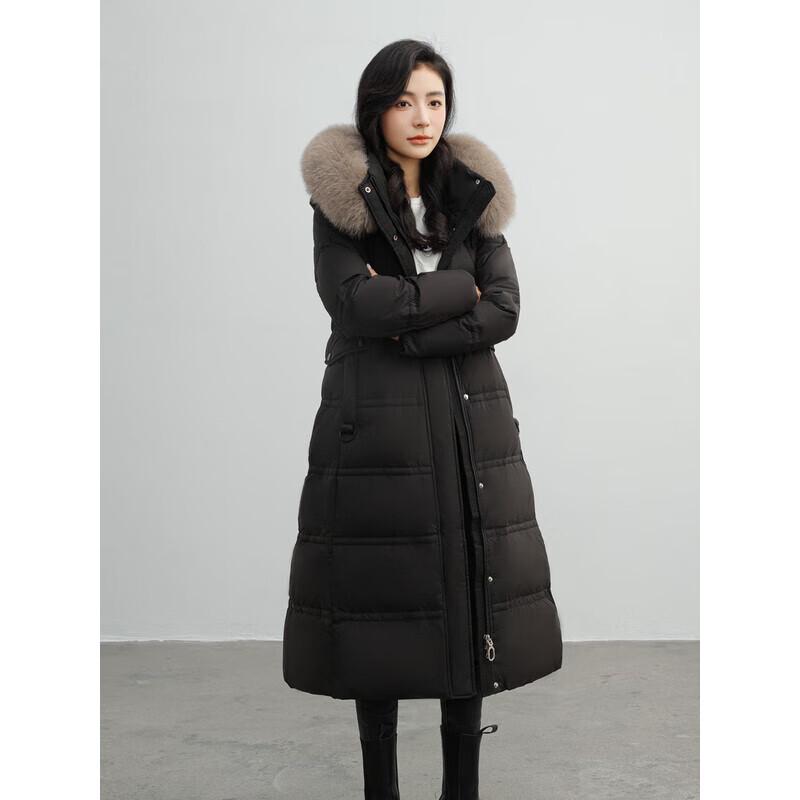 Dámská dlouhá péřová bunda s kapucí a límcem z liščí kožešiny XueZhongFei