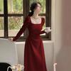 Rochie roșie cu mâneci lungi, rochie de logodnă pentru femei, rochie pentru toastul miresei, de obicei se poate purta fustă roșie, rochie lungă