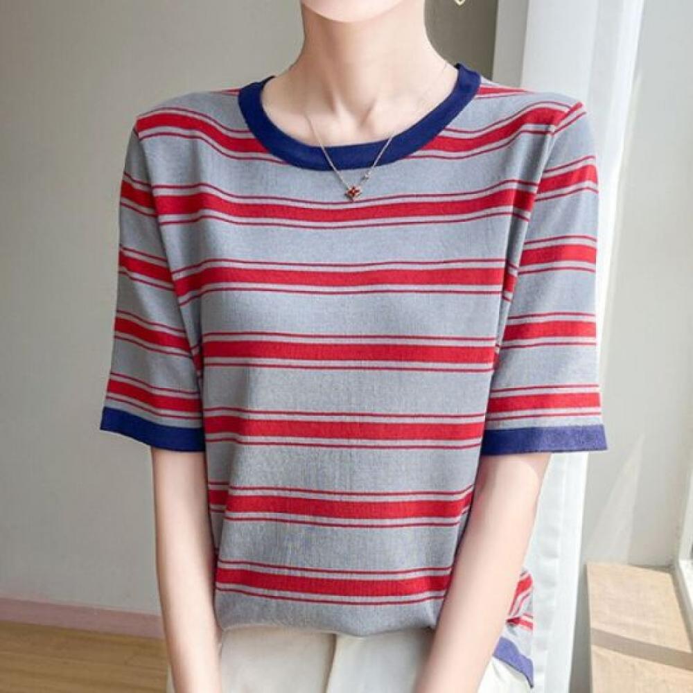 Navava Women ConTrasT STripe Round Neck ShorT Sleeve KniT T shirT Nk3033
