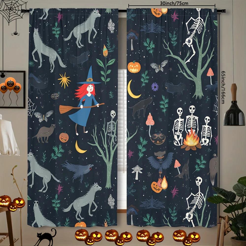 2pcs- Halloween Witch and Skeleton Forest Printed Curtains, Pole Bag Home Decorations, Room Decorations