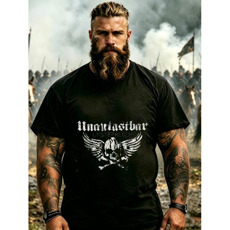 Men'S T-Shirt Black Unbreakable Skull Wings And Crossbones Graphic Print For Outdoor Adventure And Casual Wear, Plus Size