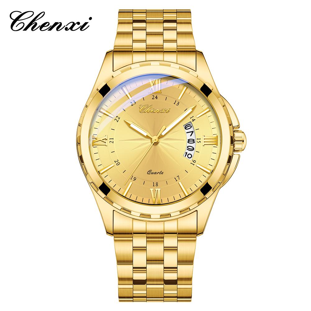 Fashion Golden Business Men Watches Round Dial Calendar Display Men's Wristwatch Luminous Stainless Steel Band Man Watch CHENXI