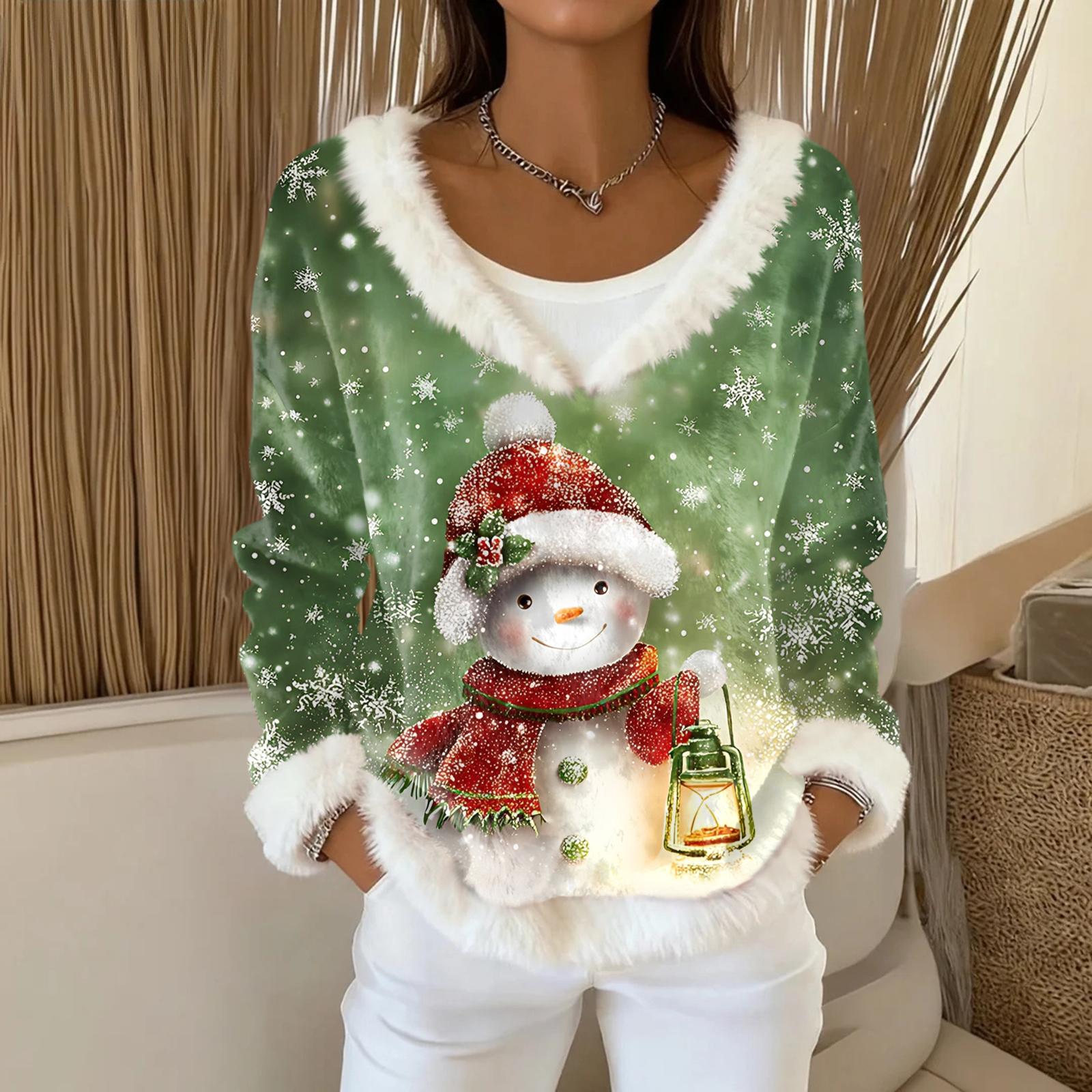 

Женский модный плюшевый пуловер с V-образным вырезом, футболка с длинным рукавом, рождественская толстовка с принтом XXL зелёный