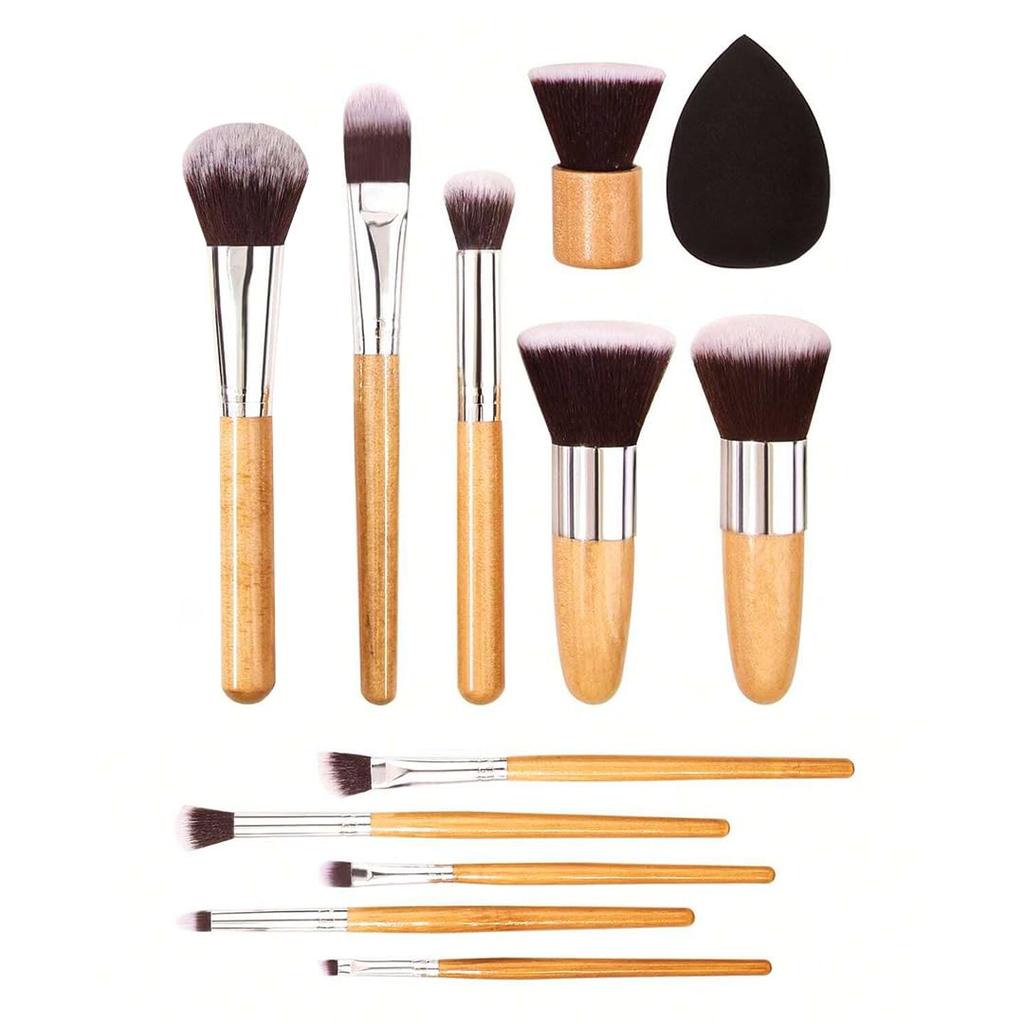 Gleva Makeup Brush Set 11 Pcs Of Bamboo Synthetic Kabuki Brushes For Foundation, Face Powder Blending, Concealer, Eye Shadows, Blush, Highlighter,