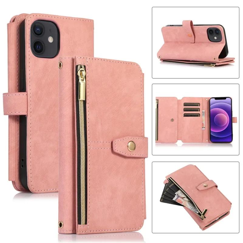 Long Lanyard Flip Leather Phone Case for iPhone 17 Air 16E 16 Pro Max 15 Plus 14 13 12 11 XS XR X Zipper Wallet Multi Card Cover