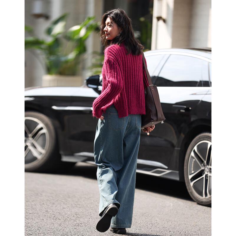 Demana Wine-Stained Bayberry High-Neck Knit Sweater