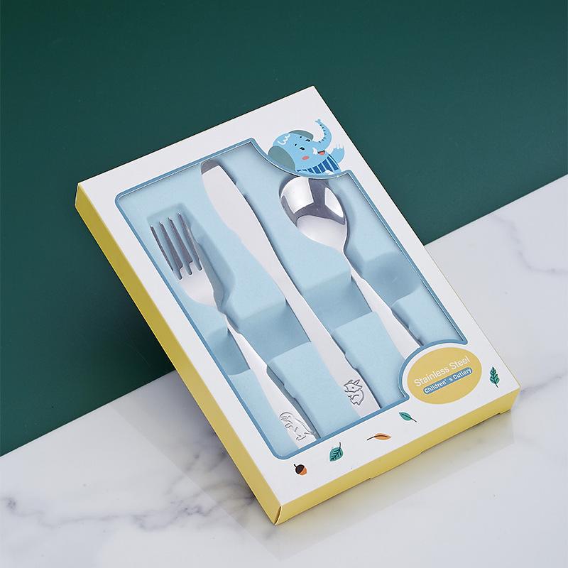 304 Stainless Steel Kids' Cartoon Dinosaur Cutlery Set: Knife, Fork, and Spoon with Square Handles (3-piece).