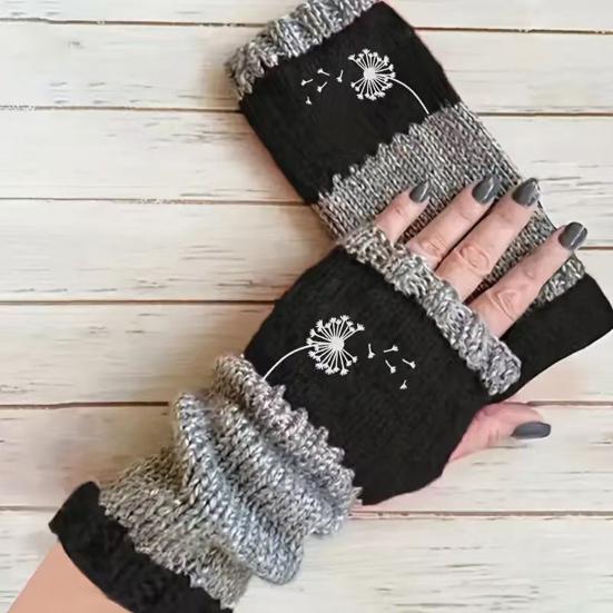 Knitted Fingerless Gloves Women Color-Block Knit Gloves Half-Finger Warm Gloves with Embroidered Dandelion Pattern for Texting Typing Writing