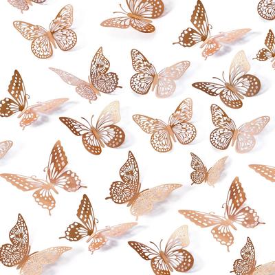 48 Pcs 3D Butterfly Wall Decor 4 Styles 3 Sizes Removable Metallic Stickers For Bedroom Nursery Party Wedding (Rose Gold)