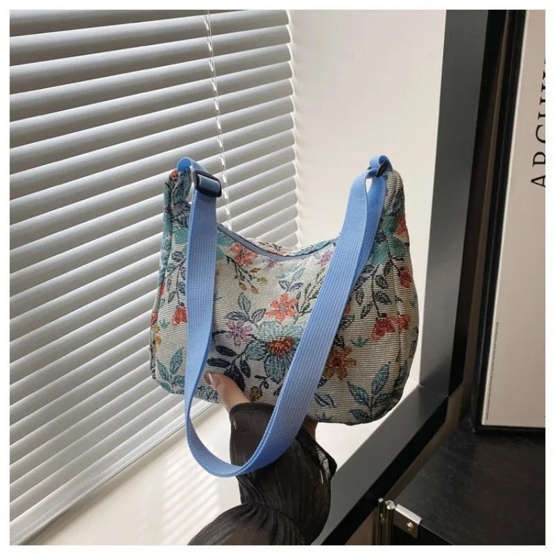 Chinese Style Vintage Print Underarm Bag Fashion Canvas Shoulder Bag Texture Temperament Crossbody Bags for Women Handbags