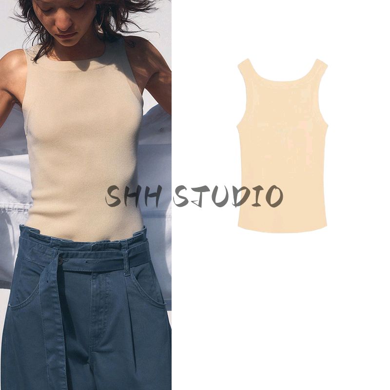 Spring and Summer Women's Clothing Ins Style Silm All-Matching Wide Shoulder Strap round Neck Minimalist Pure Color Knitting Tops 3519018