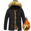 Men Winter Parka Fleece Lined Thick Warm Hooded Collar Coat Male Plush Jacket Autumn Work Out Wearing Black