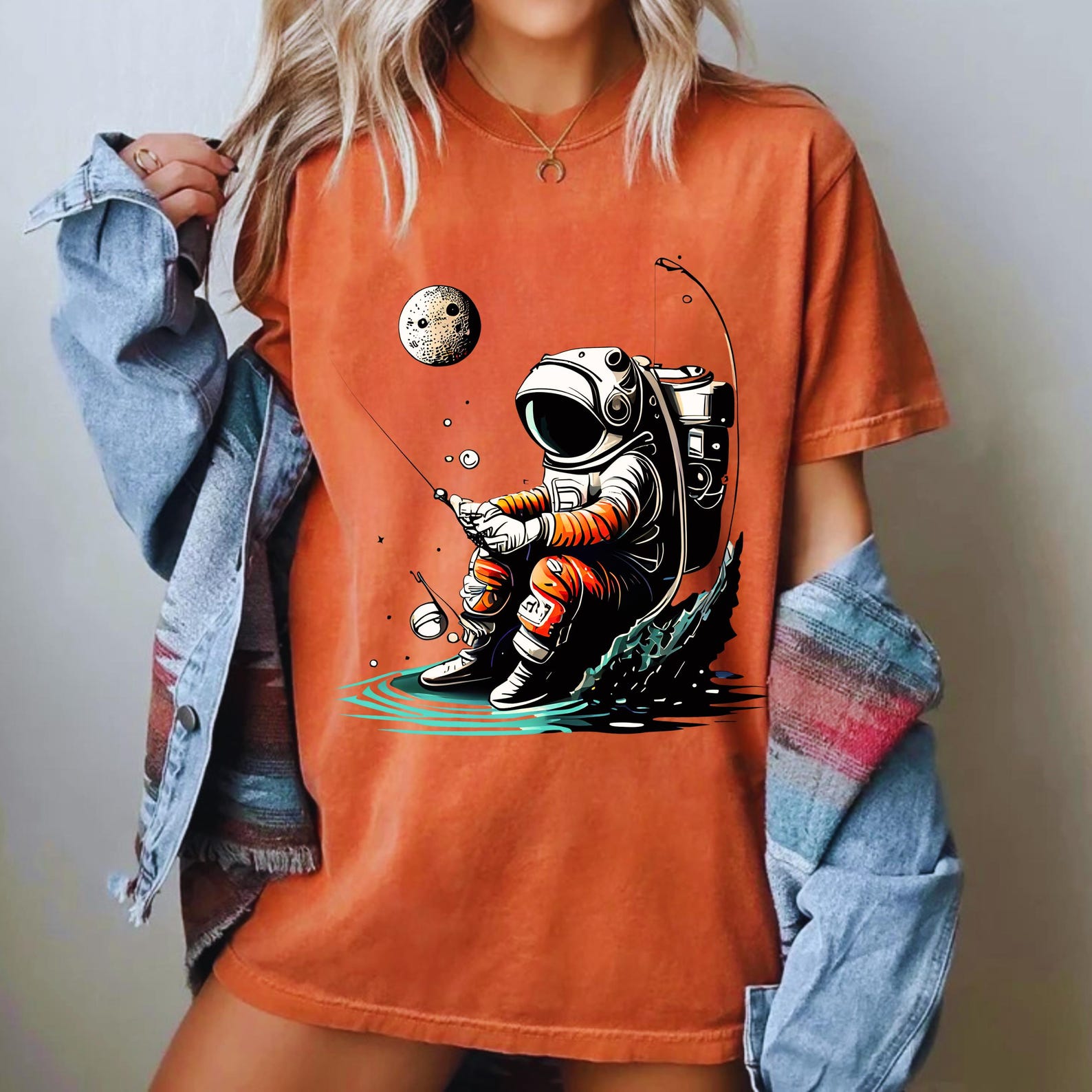 Astronaut Fishing Moon T-Shirt, Whimsical Space Graphic Tee, Astronomy Lover Apparel 4XL