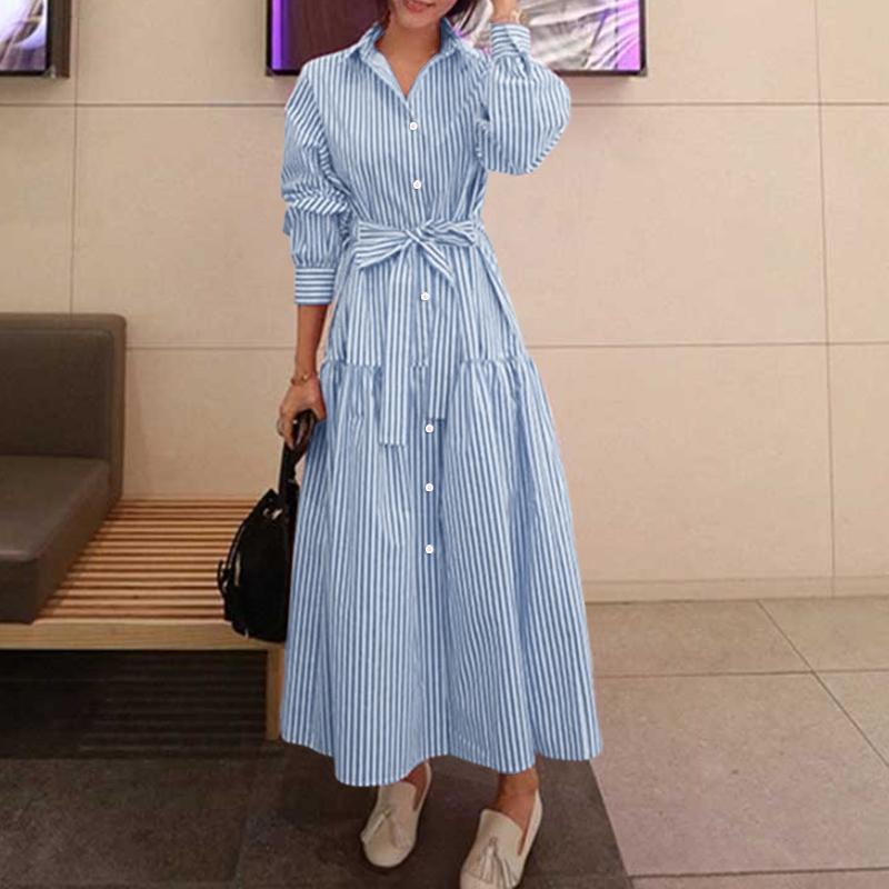 ZANZEA Women Casual Turn Down Collar Long Sleeve Loose Stripe Dress