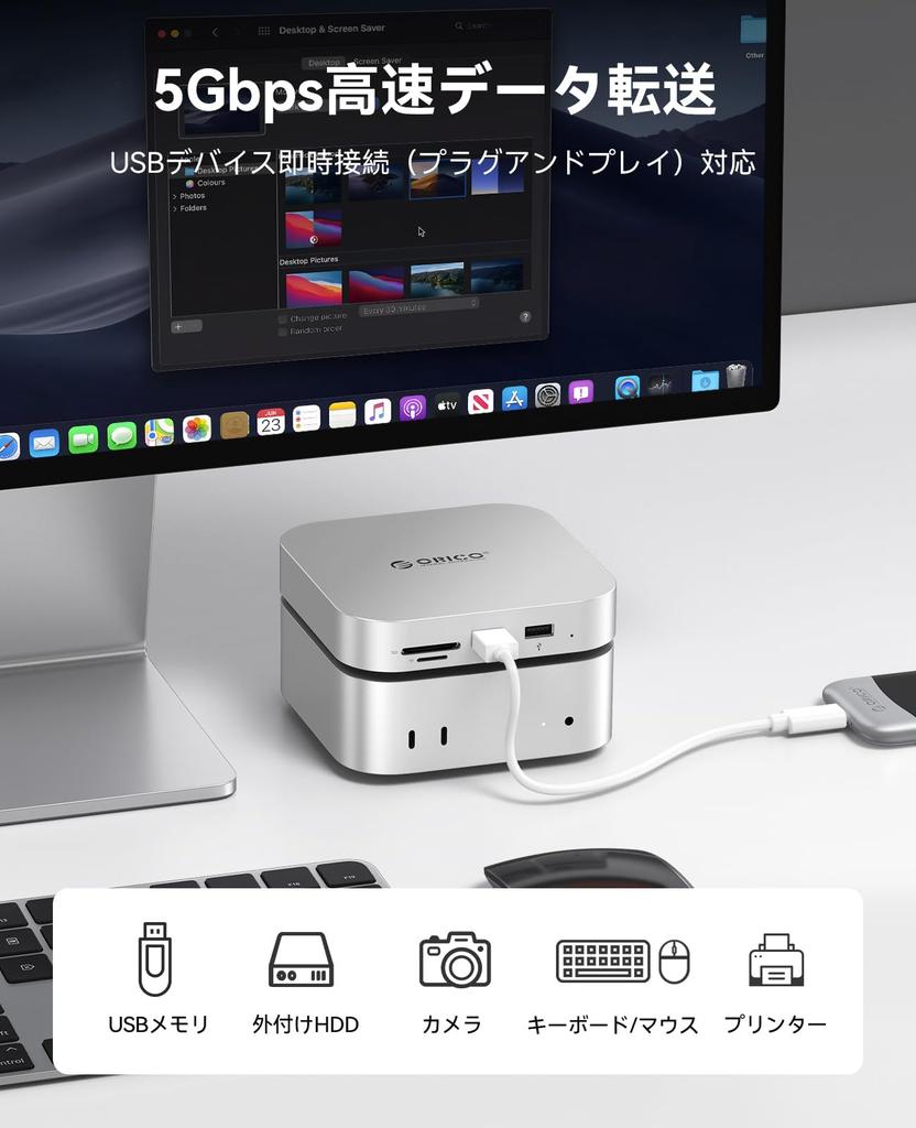 ORICO MiniLink Mac Mini M4 USB SATA SSD 5Gbps Data Card Audio Compatible with 2024 Mac Mini Pro Hub, 9-in-1 M.2 Expansion, USB-A High-Speed Transfer,