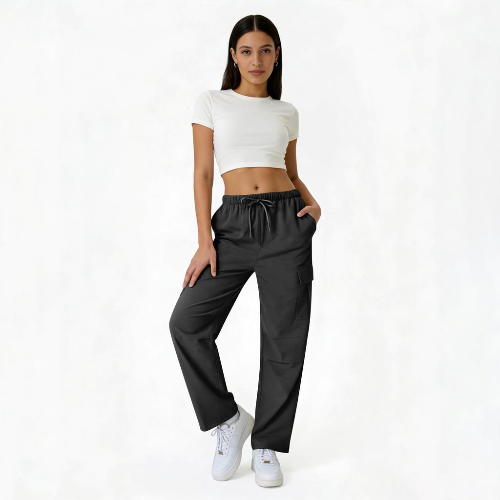 Women Drawstring Waist Cargo Pants with Pockets Straight Leg Relaxed Fit Lightweight Trousers for Daily Wear Work Travel
