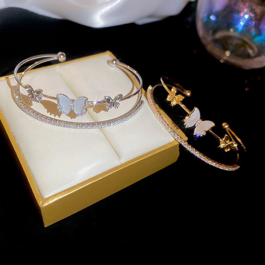 Exquisite Zircon Butterfly Double-Layer Open Bangle Bracelet