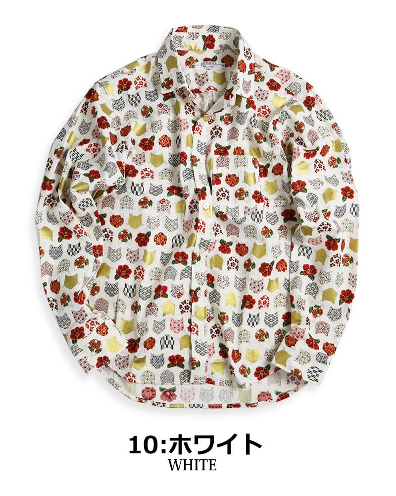 Quintet Long Sleeve Cat and Floral Print Made In Hyakka Ryoran 10 Men's Japanese-Style Shirt, Japan, 11-70173 (M, White)