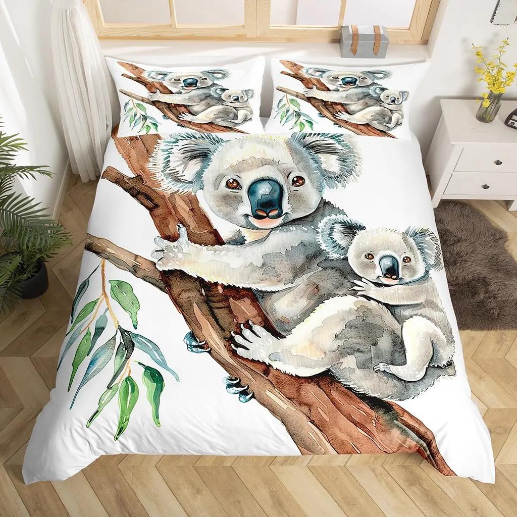 Cartoon Cute Koala Duvet Cover Women Kids Girls Teens Warm Gifts Room Decor Pink Flowers Cartoon Animal Theme Queen King Bedding