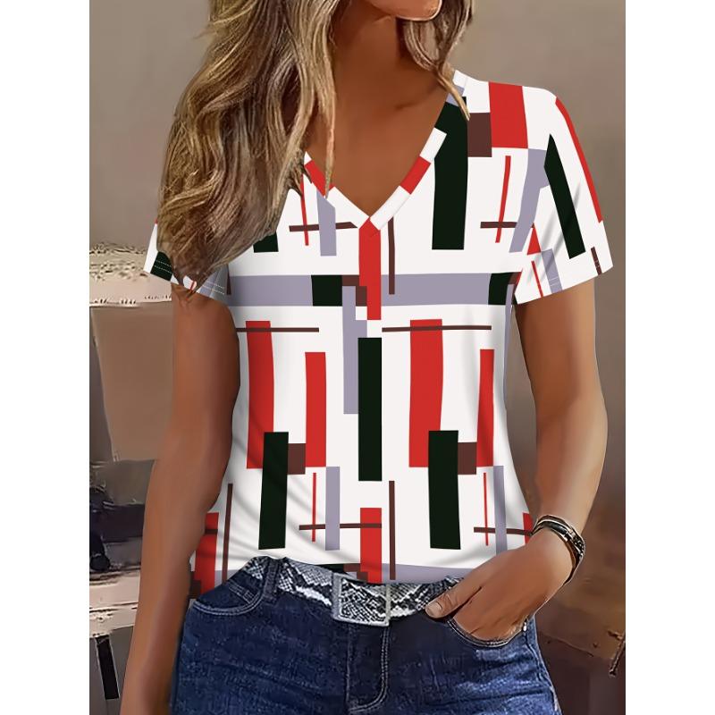 2025 New Summer Women's Black and White Plaid Print T-shirt V-neck Short Sleeve Casual Daily Basic Tops Women's Summer Pullover